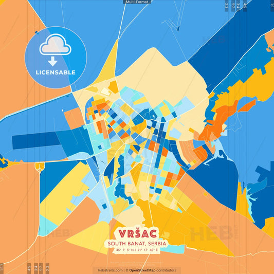 Vršac, South Banat, Serbia blue and orange vector art map template