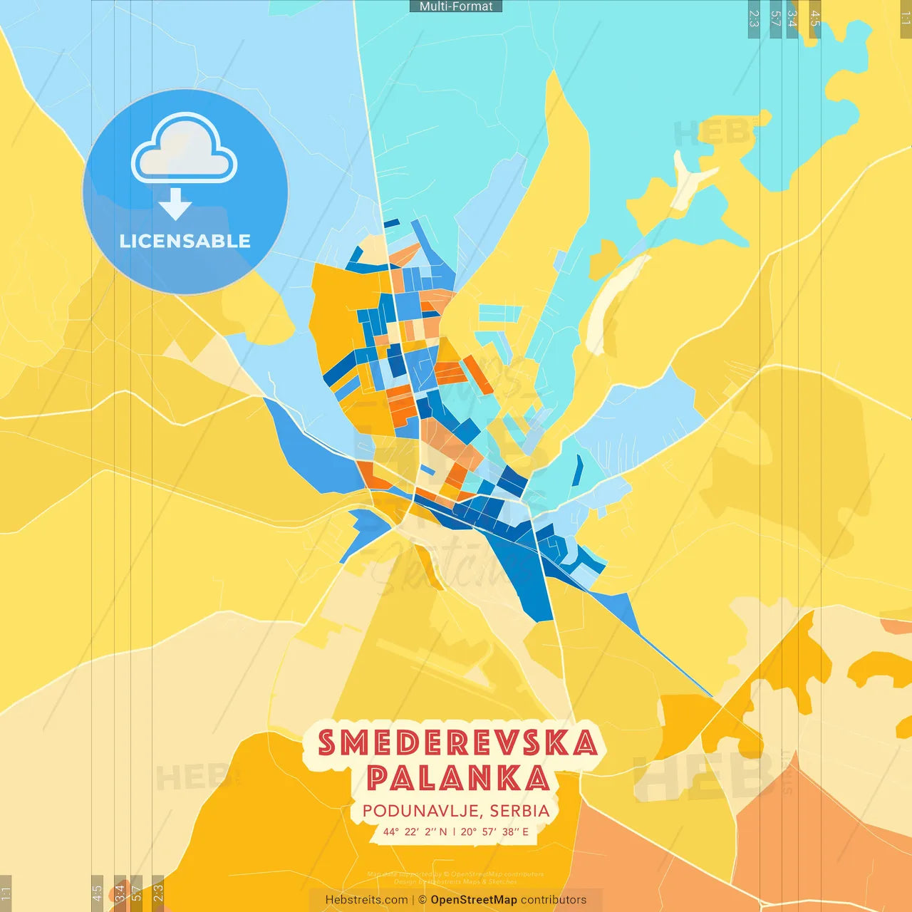 Smederevska Palanka, Podunavlje, Serbia blue and orange vector art map template