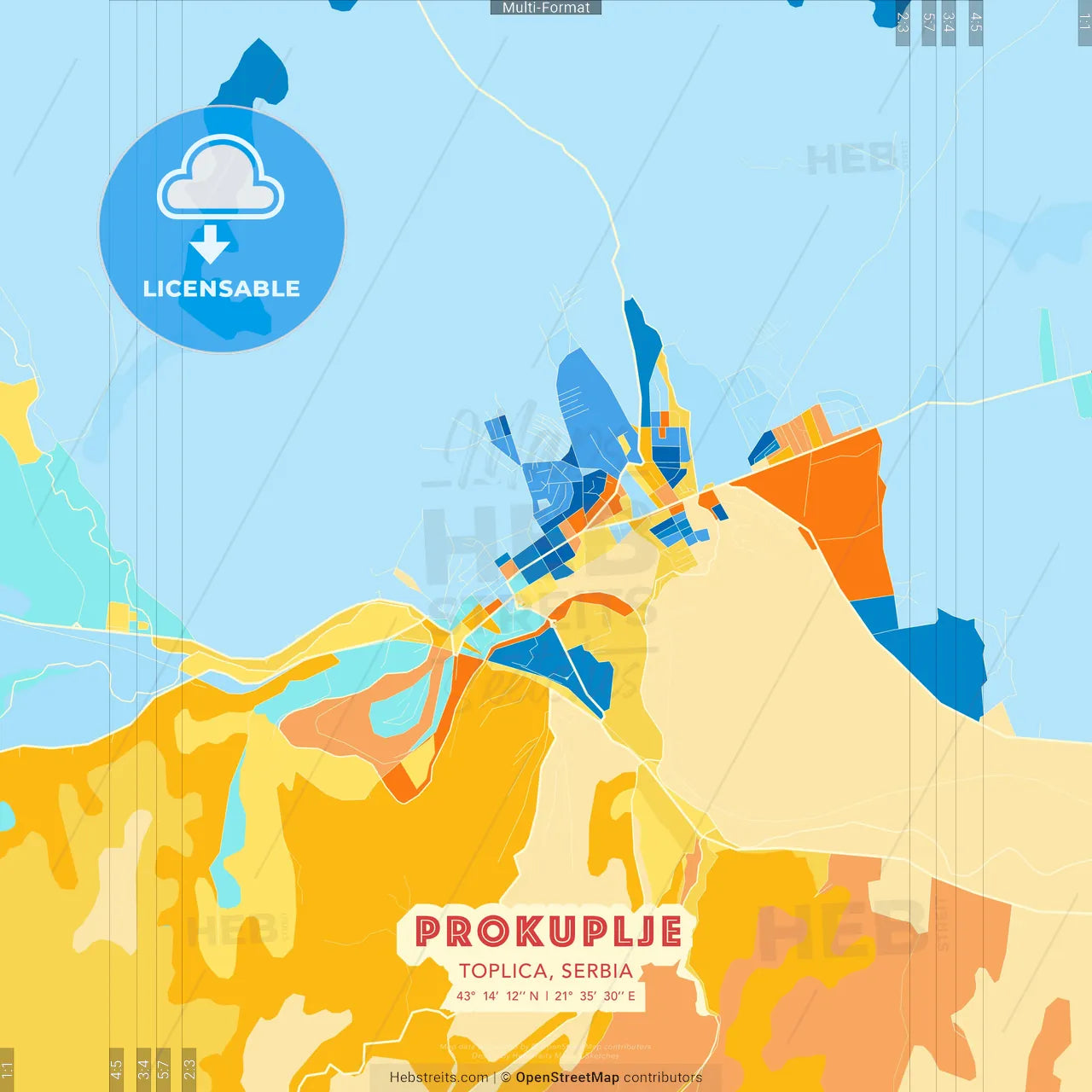 Prokuplje, Toplica, Serbia blue and orange vector art map template