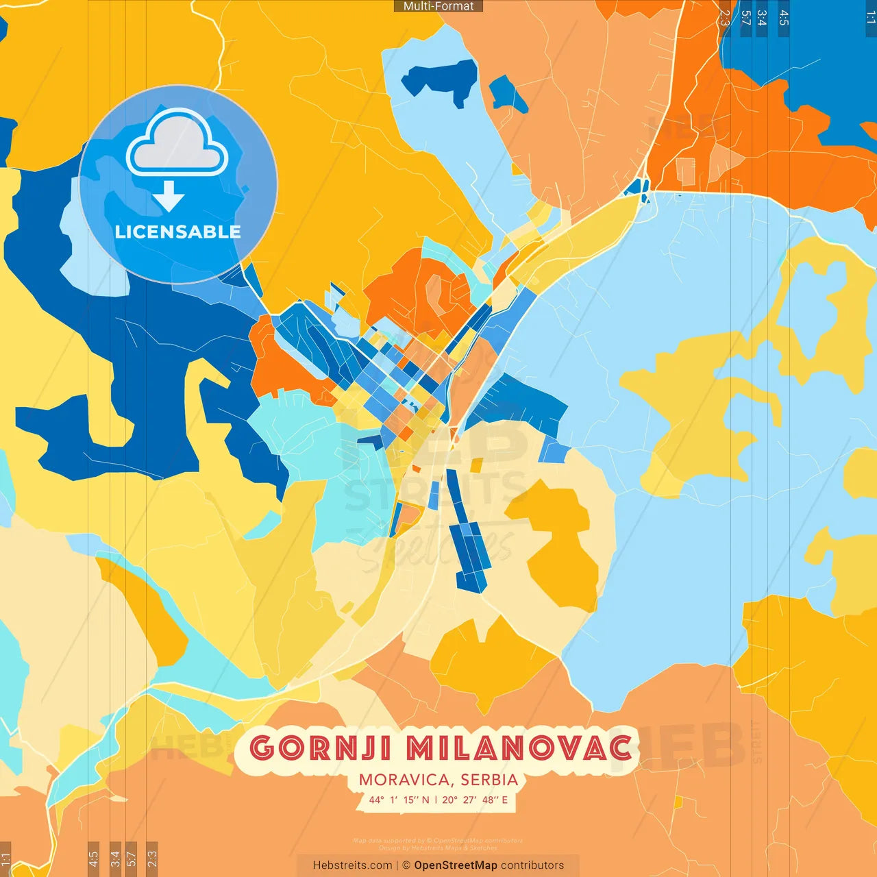 Gornji Milanovac, Moravica, Serbia blue and orange vector art map template