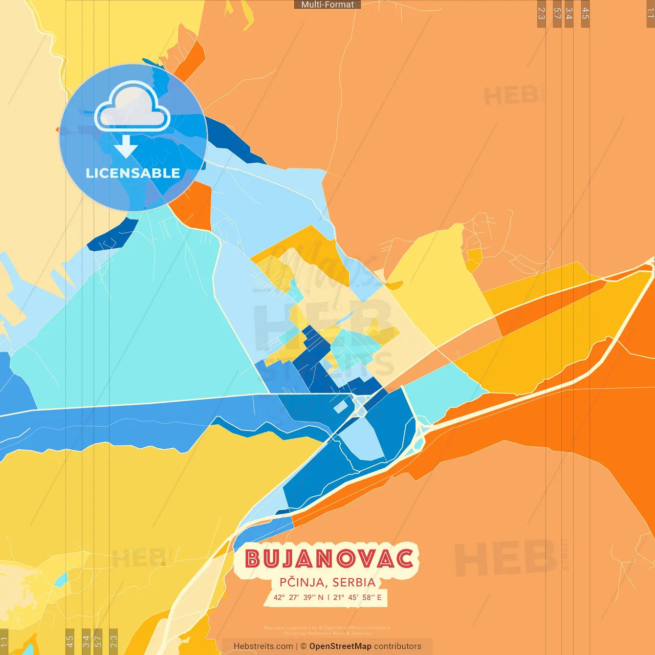 Bujanovac, Pčinja, Serbia blue and orange vector art map template