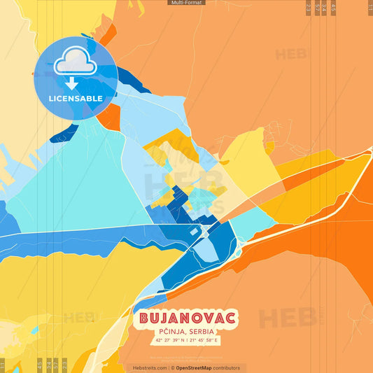 Bujanovac, Pčinja, Serbia blue and orange vector art map template