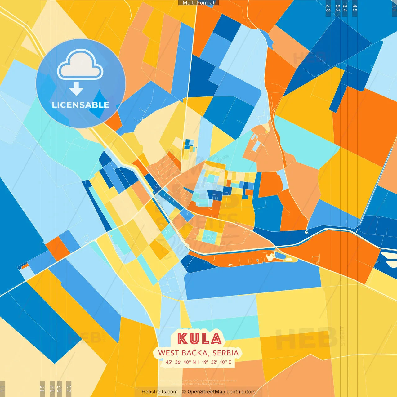 Kula, West Bačka, Serbia blue and orange vector art map template