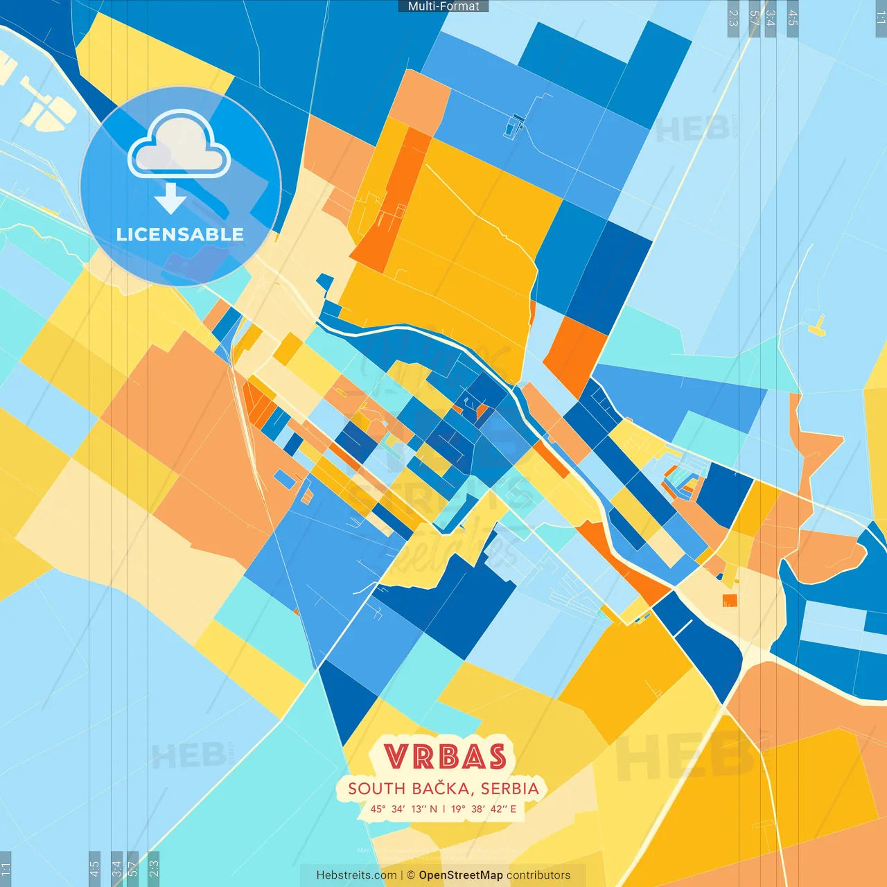Vrbas, South Bačka, Serbia blue and orange vector art map template