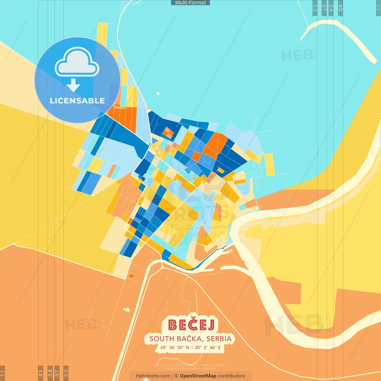 Bečej, South Bačka, Serbia blue and orange vector art map template