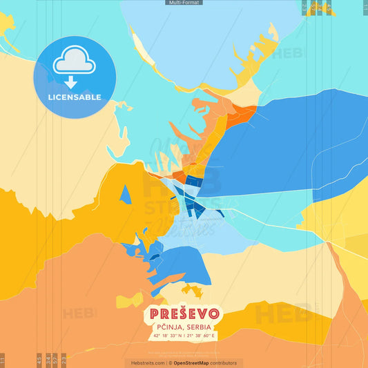 Preševo, Pčinja, Serbia blue and orange vector art map template