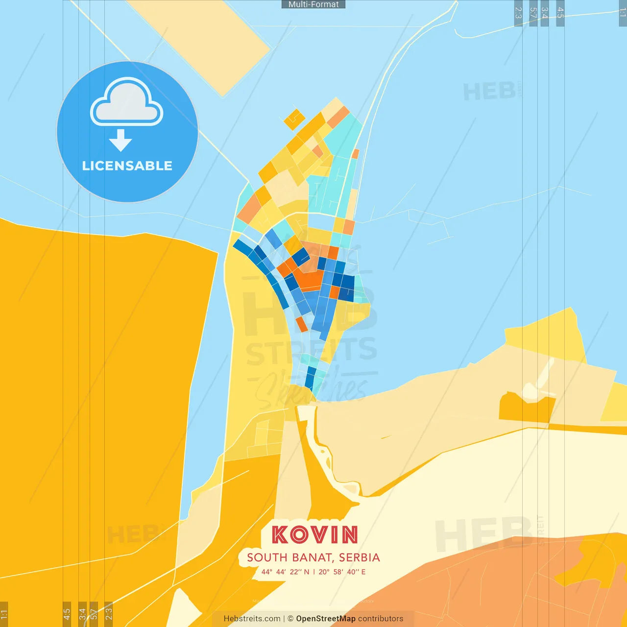 Kovin, South Banat, Serbia blue and orange vector art map template