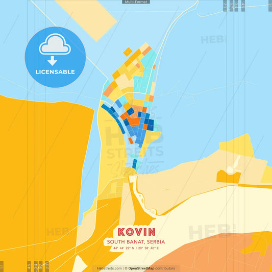 Kovin, South Banat, Serbia blue and orange vector art map template