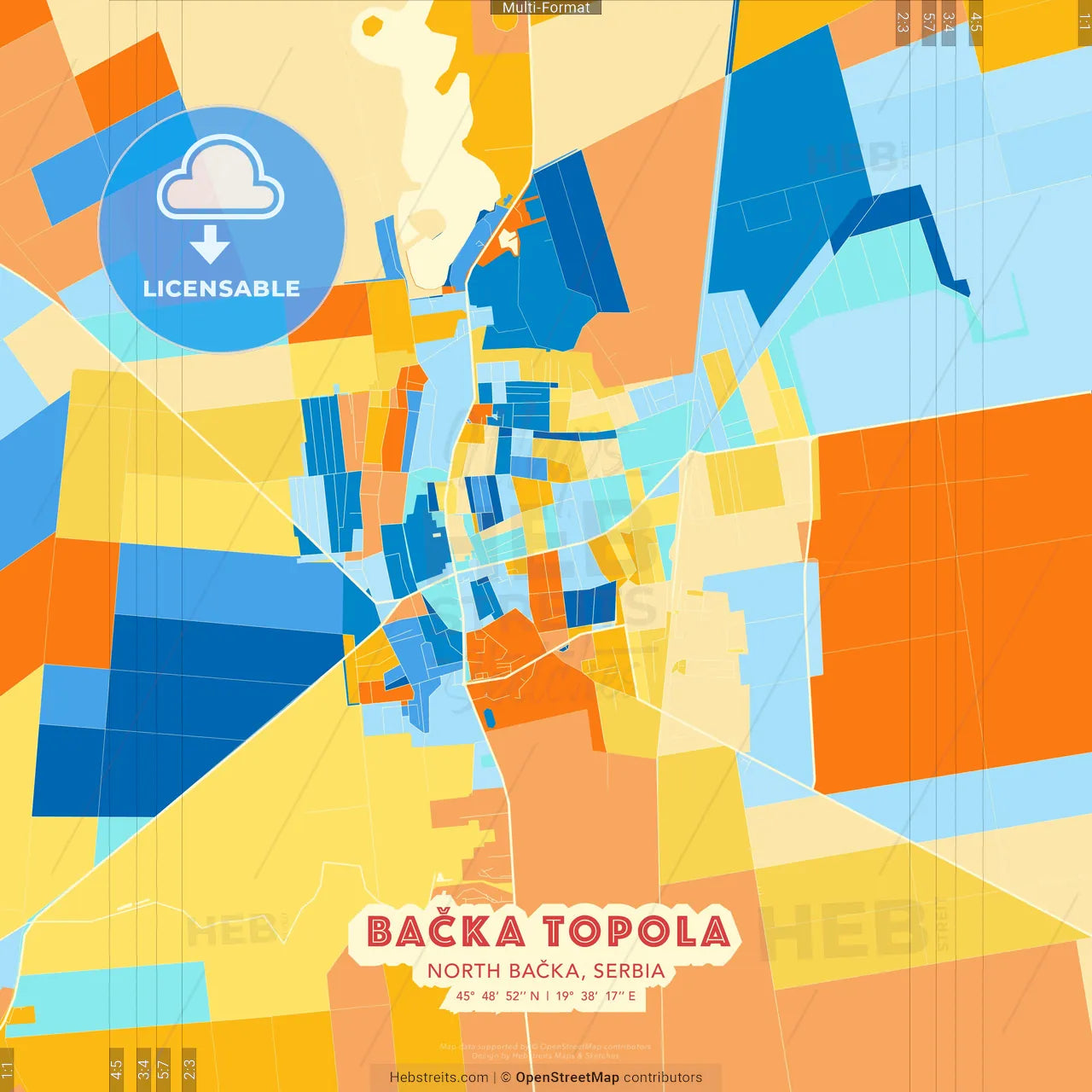 Bačka Topola, North Bačka, Serbia blue and orange vector art map template