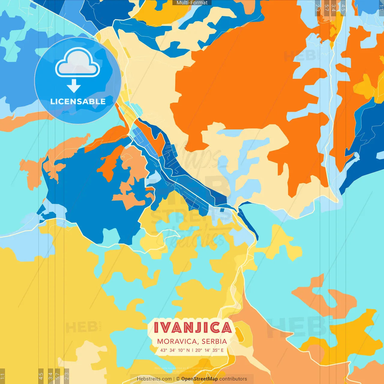 Ivanjica, Moravica, Serbia blue and orange vector art map template