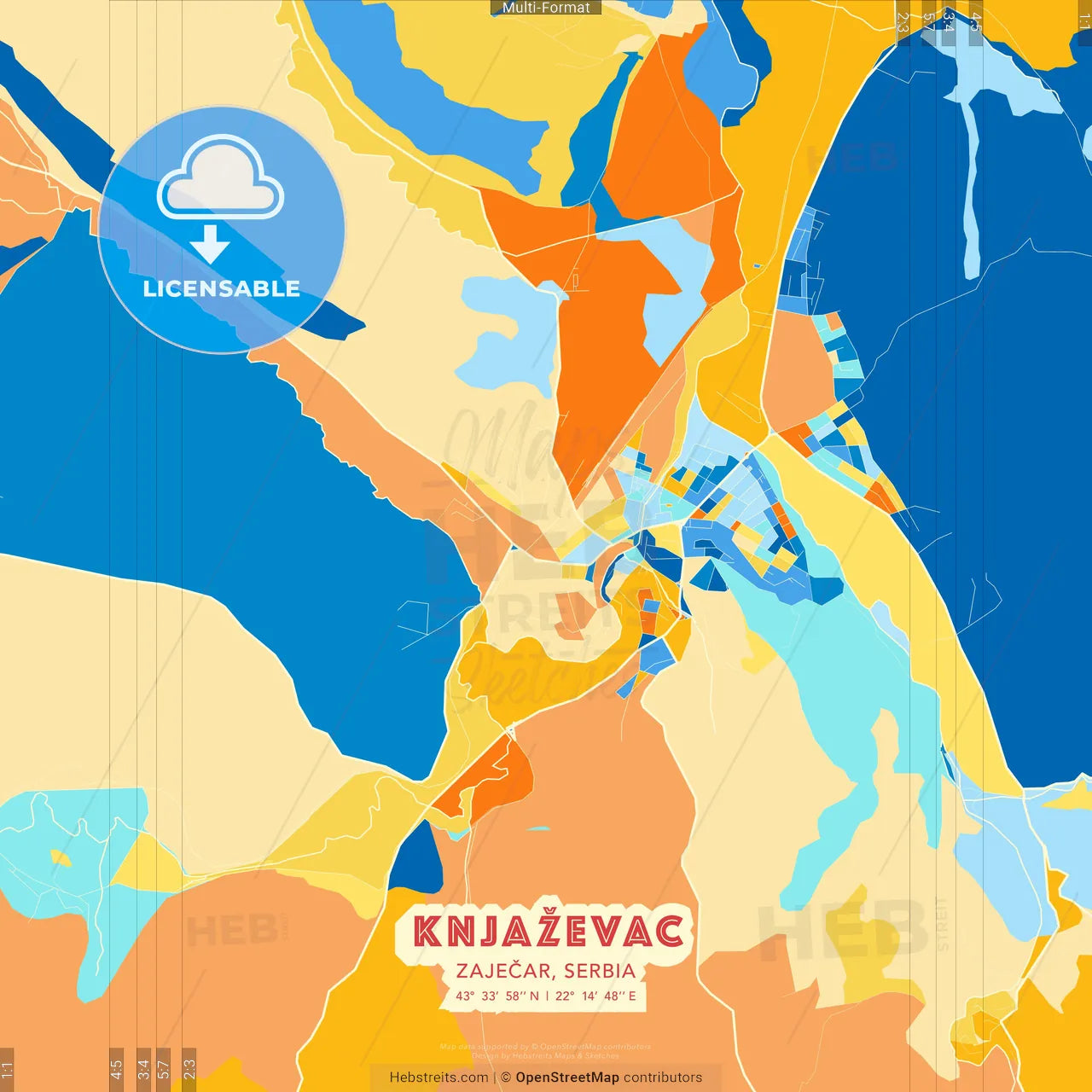 Knjaževac, Zaječar, Serbia blue and orange vector art map template