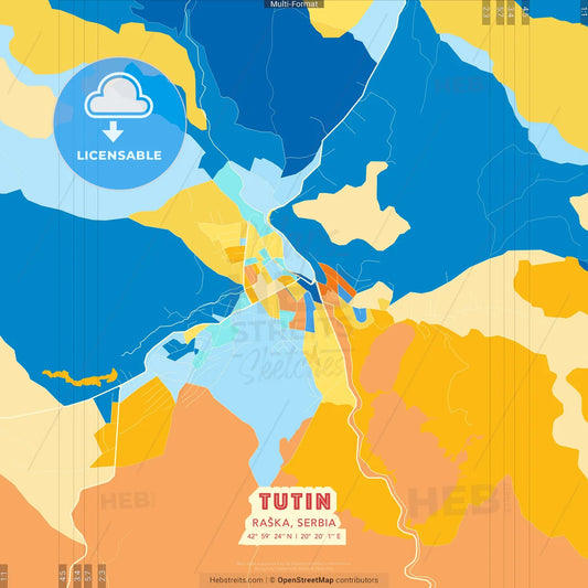Tutin, Raška, Serbia blue and orange vector art map template