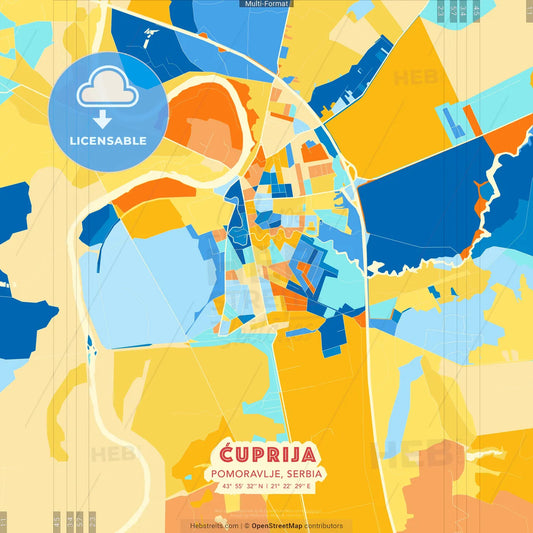 Ćuprija, Pomoravlje, Serbia blue and orange vector art map template
