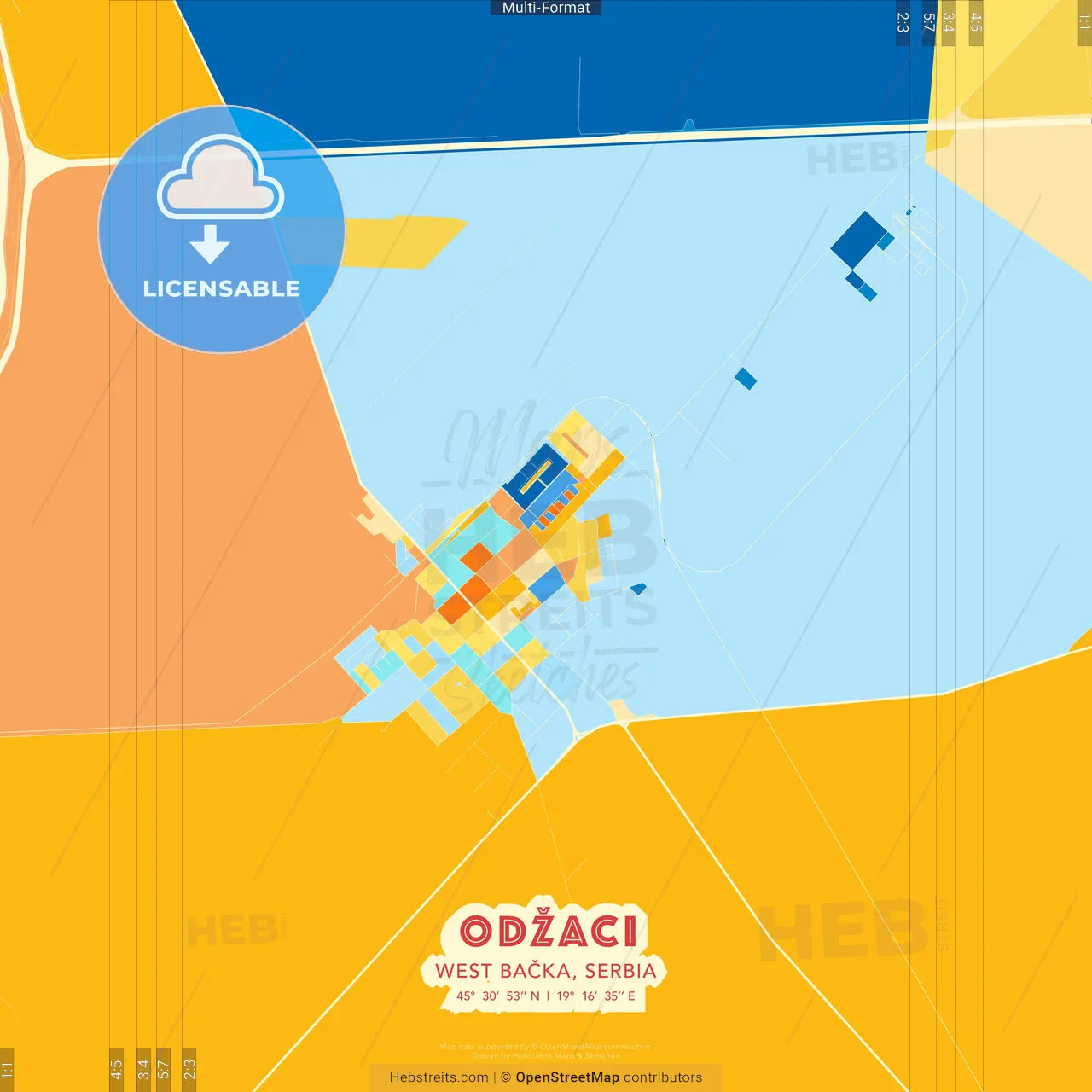 Odžaci, West Bačka, Serbia blue and orange vector art map template