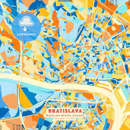 Bratislava, Bratislava Region, Slovakia blue and orange vector art map template