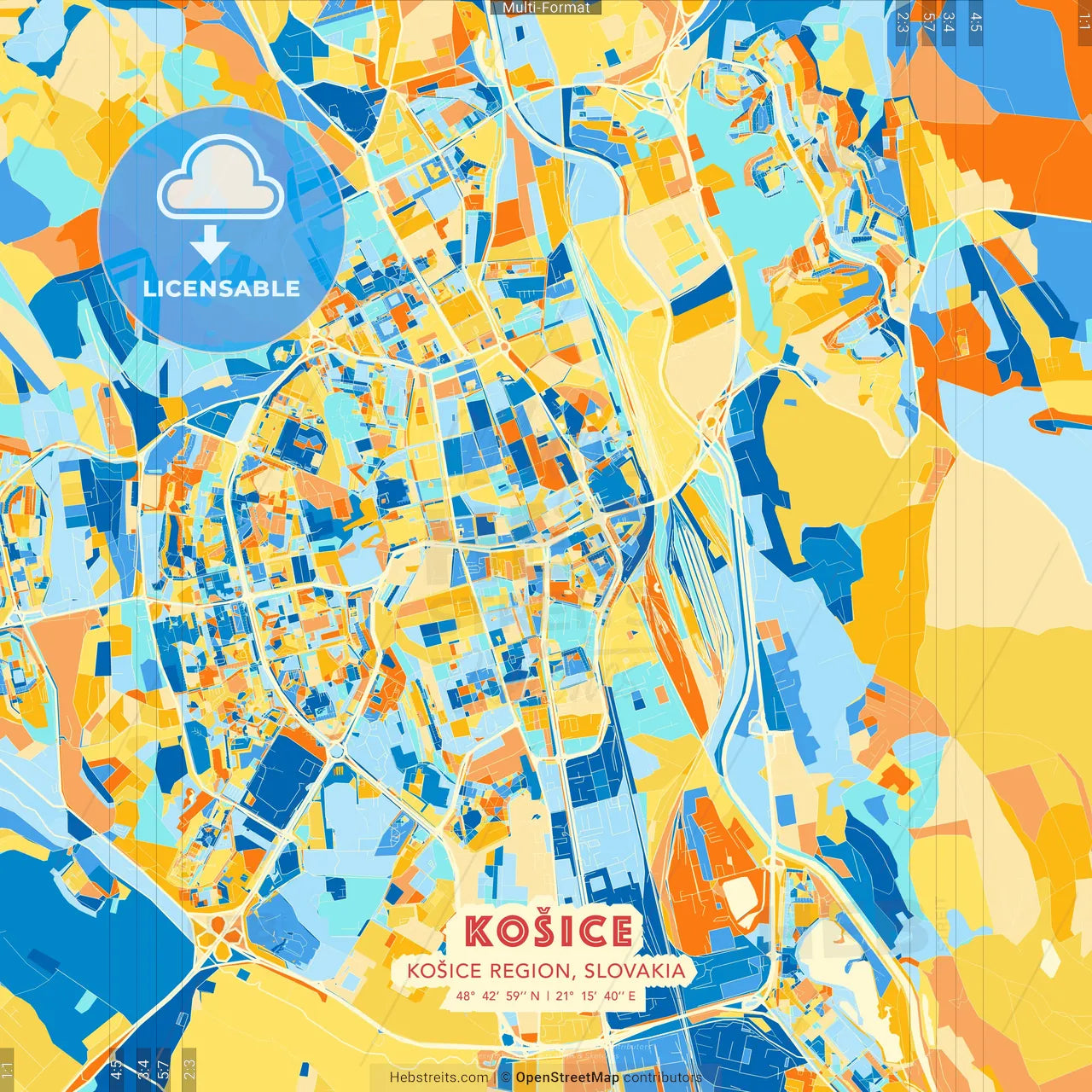 Košice, Košice Region, Slovakia blue and orange vector art map template