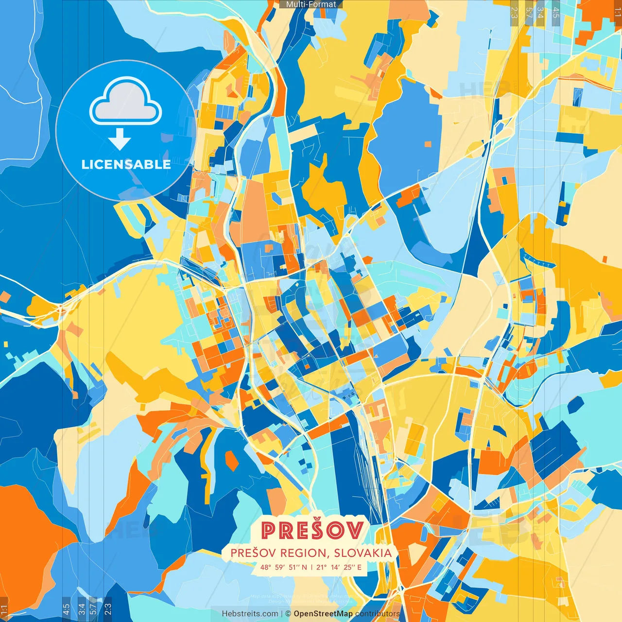 Prešov, Prešov Region, Slovakia blue and orange vector art map template