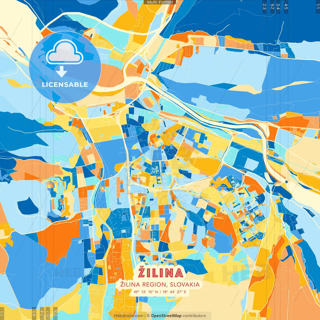 Žilina, Žilina Region, Slovakia blue and orange vector art map template