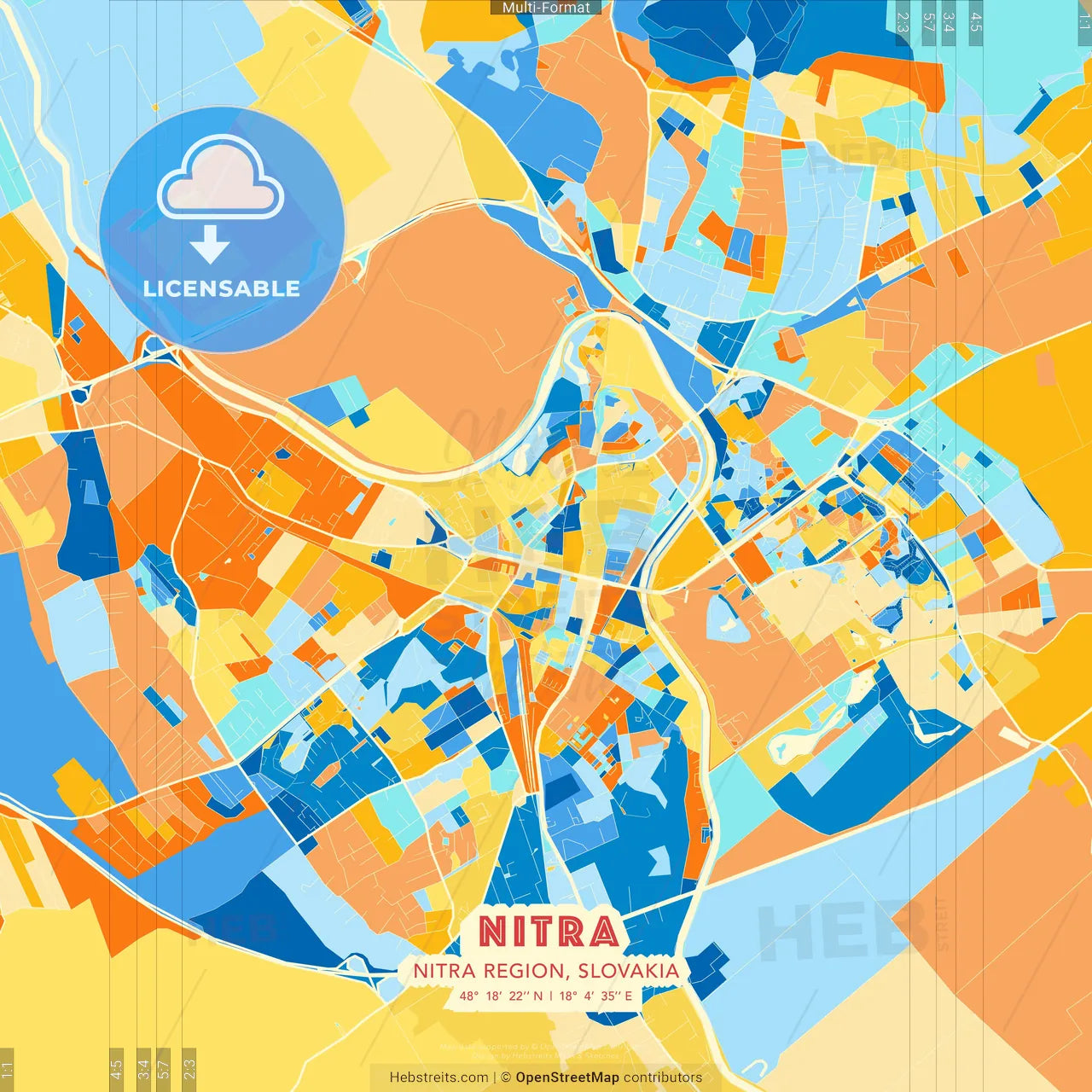 Nitra, Nitra Region, Slovakia blue and orange vector art map template