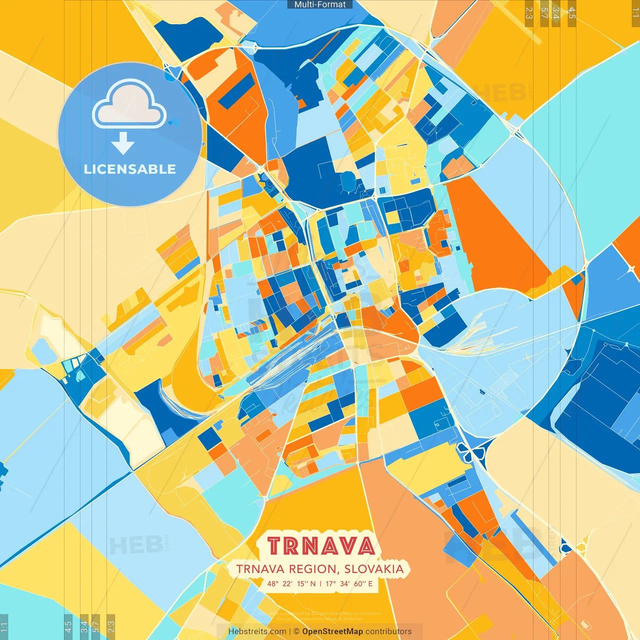 Trnava, Trnava Region, Slovakia blue and orange vector art map template