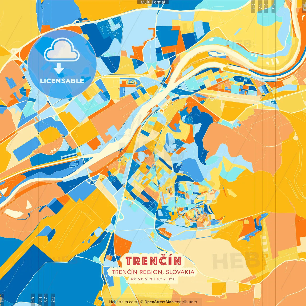 Trenčín, Trenčín Region, Slovakia blue and orange vector art map template