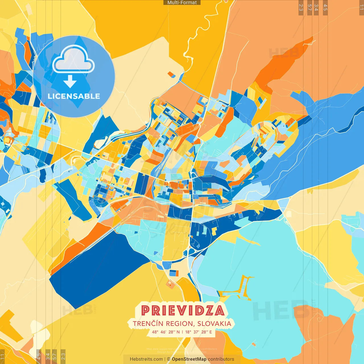 Prievidza, Trenčín Region, Slovakia blue and orange vector art map template