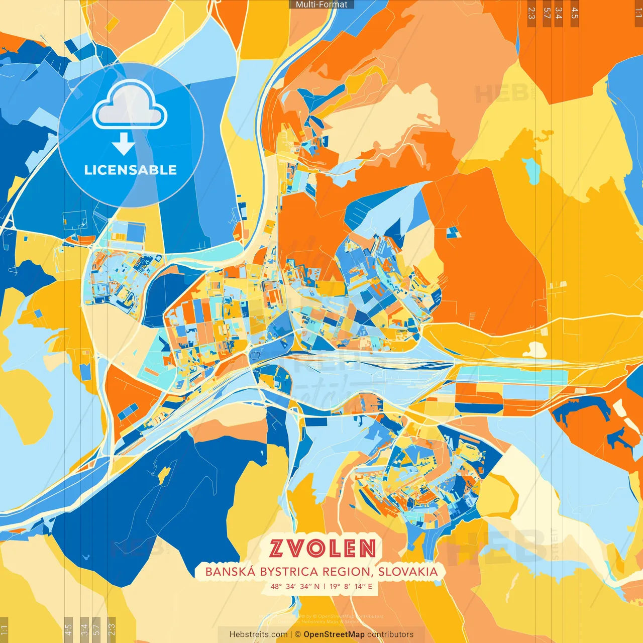 Zvolen, Banská Bystrica Region, Slovakia blue and orange vector art map template
