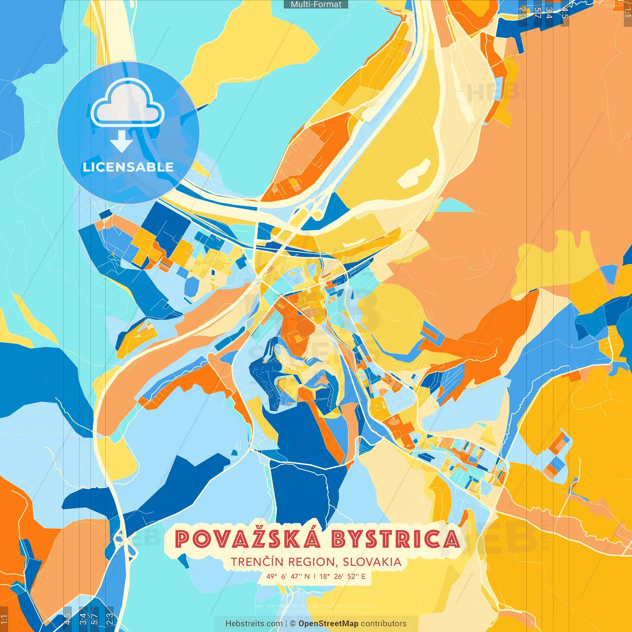 Považská Bystrica, Trenčín Region, Slovakia blue and orange vector art map template