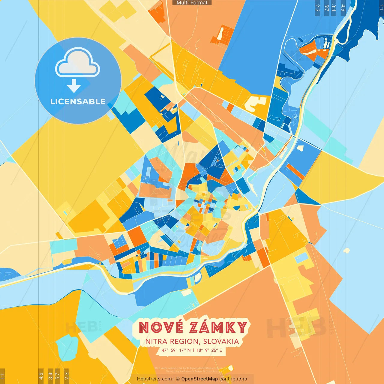 Nové Zámky, Nitra Region, Slovakia blue and orange vector art map template