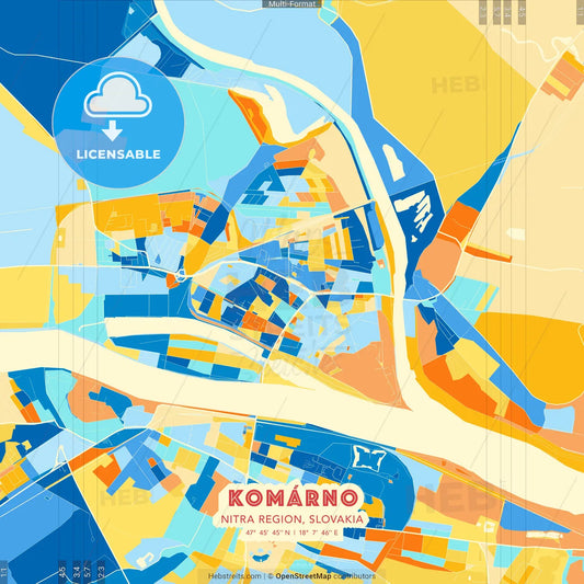 Komárno, Nitra Region, Slovakia blue and orange vector art map template