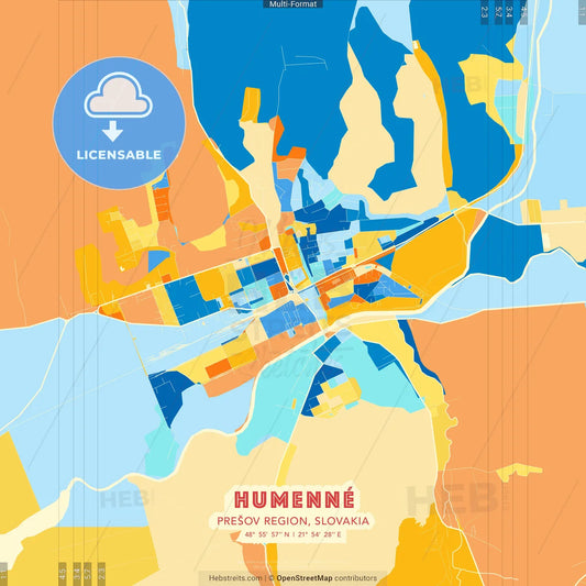 Humenné, Prešov Region, Slovakia blue and orange vector art map template