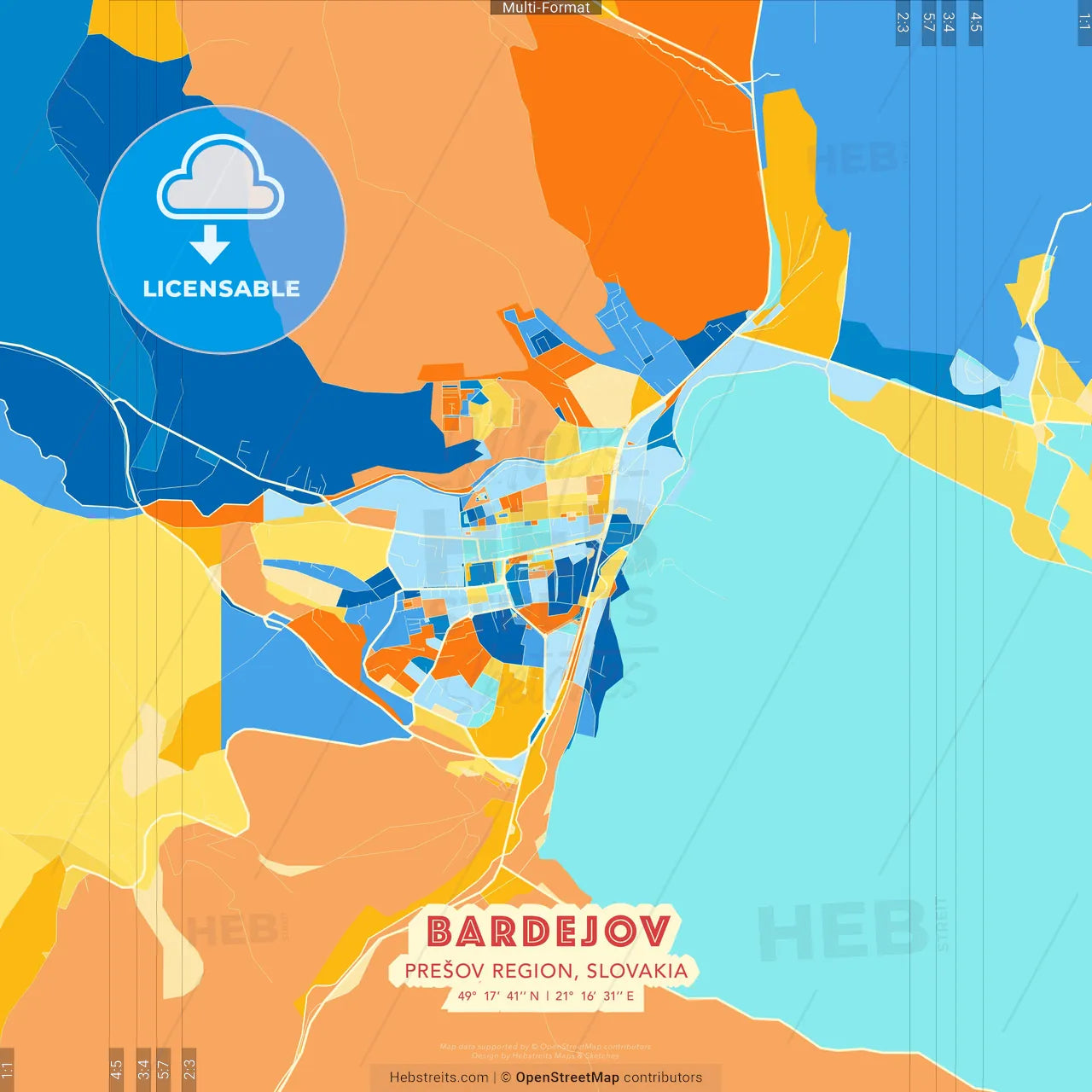Bardejov, Prešov Region, Slovakia blue and orange vector art map template