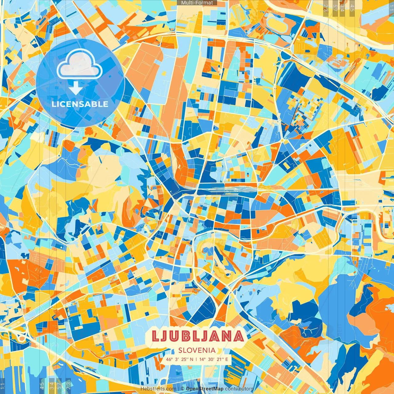 Ljubljana, Slovenia blue and orange vector art map template