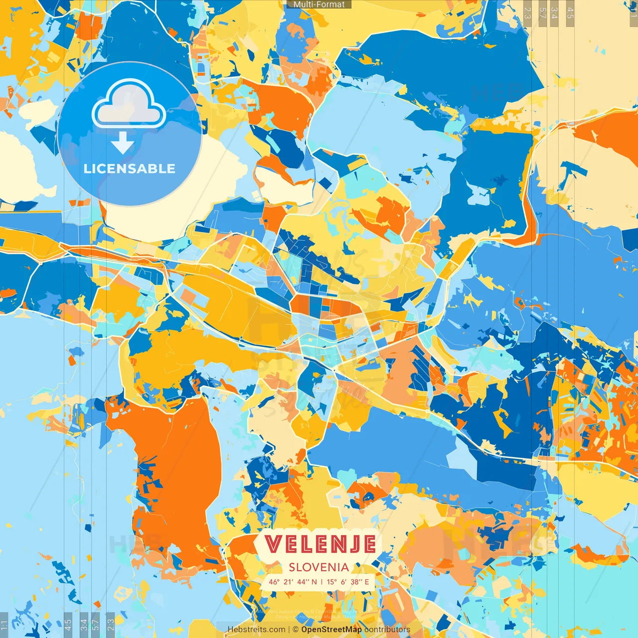 Velenje, Slovenia blue and orange vector art map template