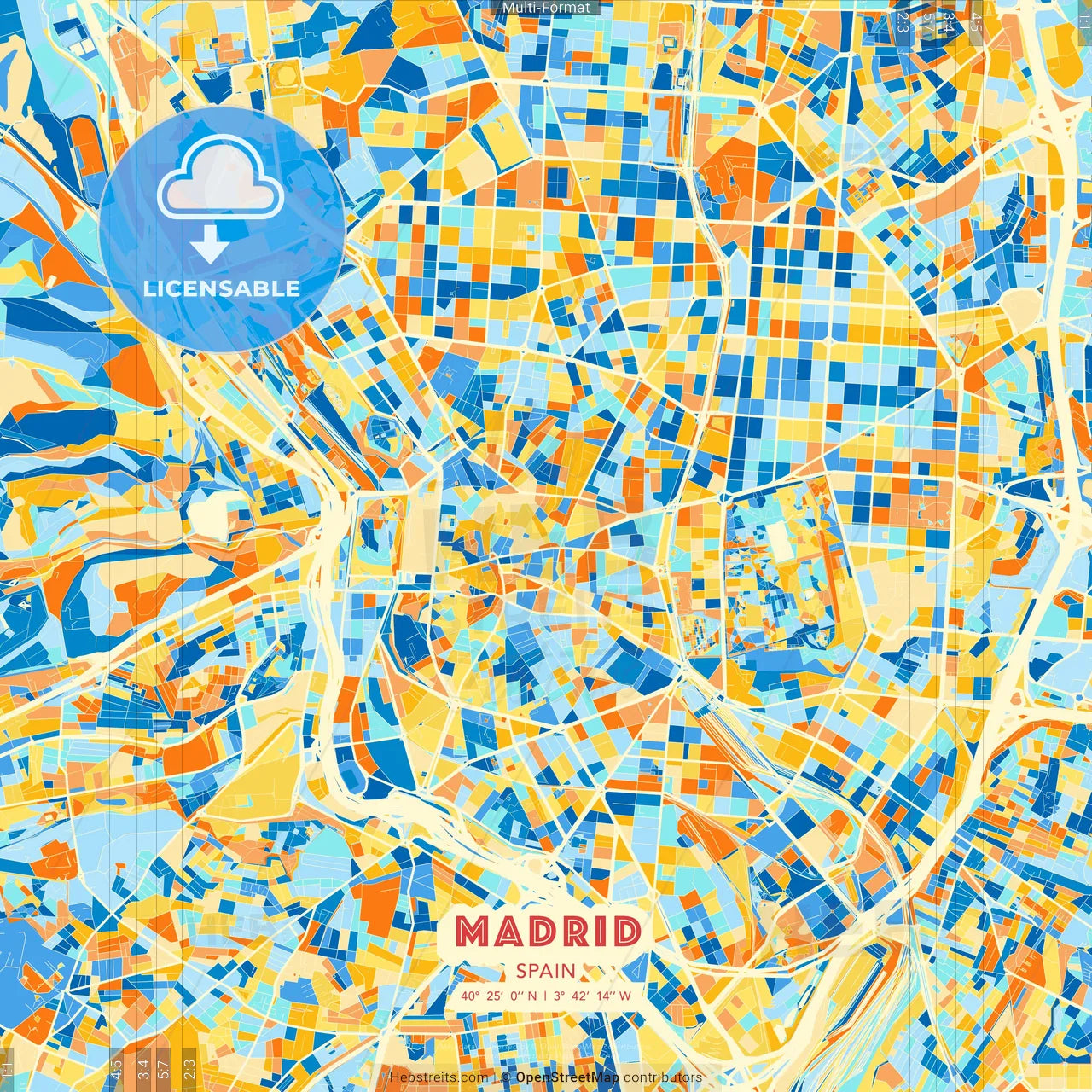 Madrid, Spain blue and orange vector art map template