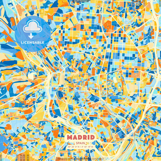 Madrid, Spain blue and orange vector art map template