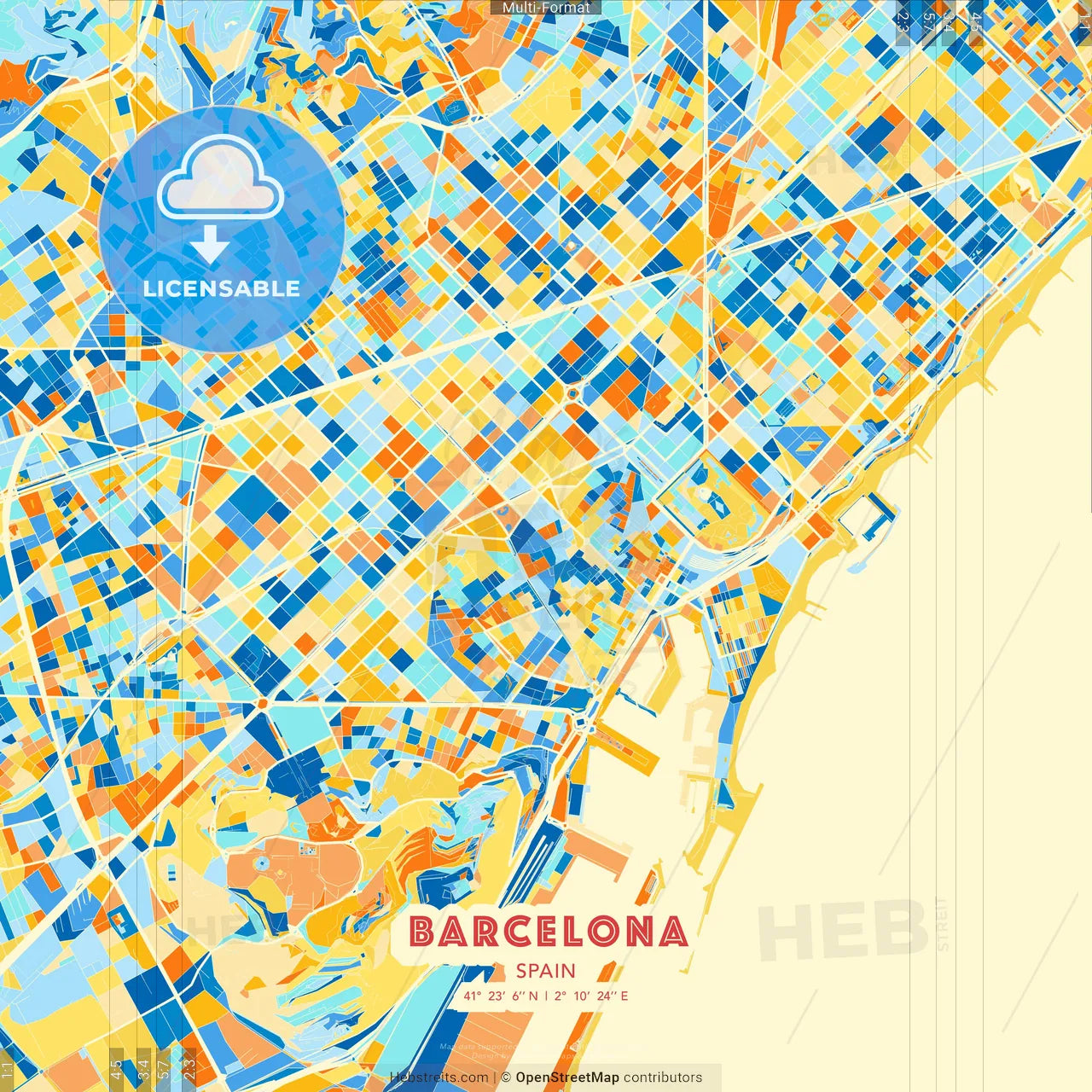 Barcelona, Spain blue and orange vector art map template