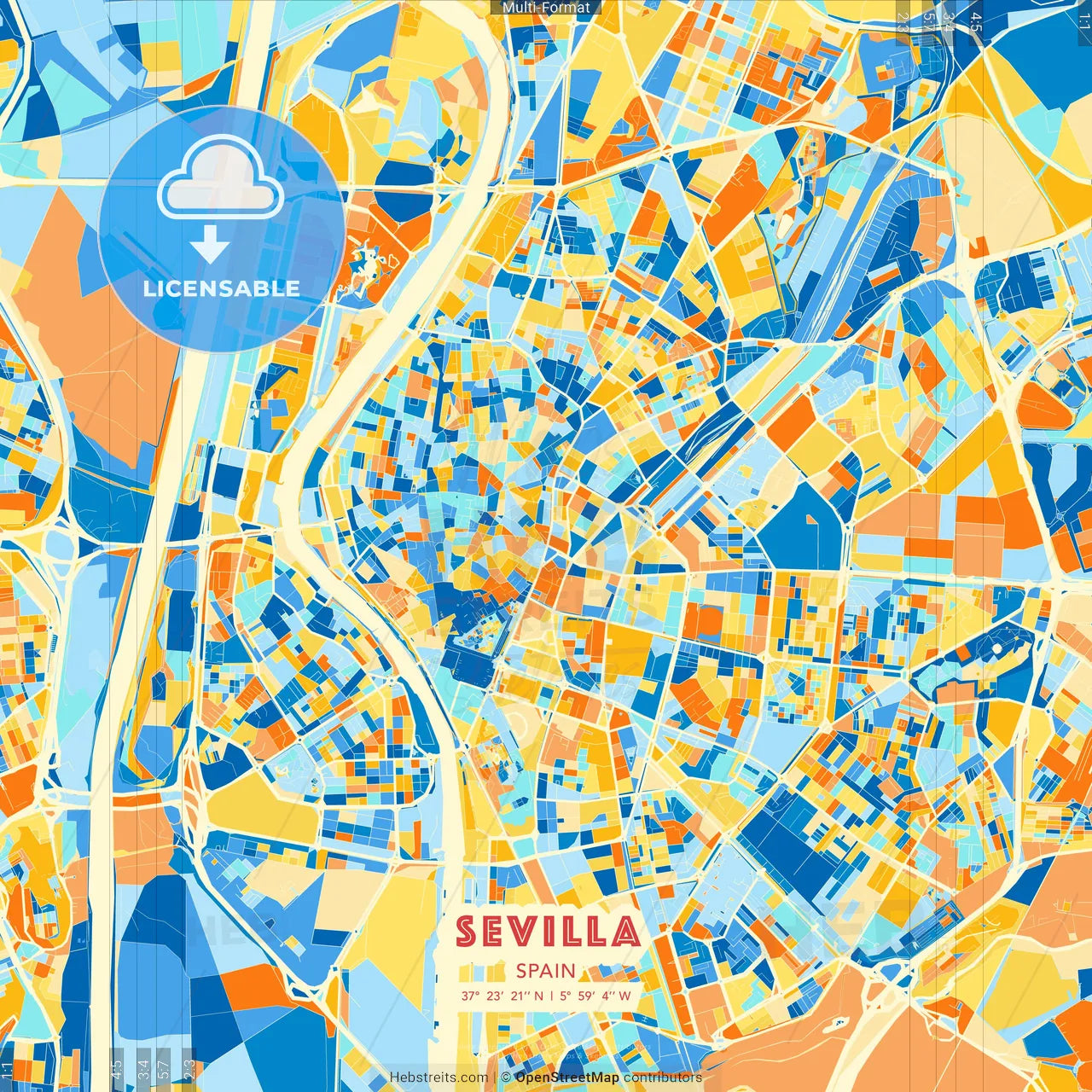 Sevilla, Spain blue and orange vector art map template