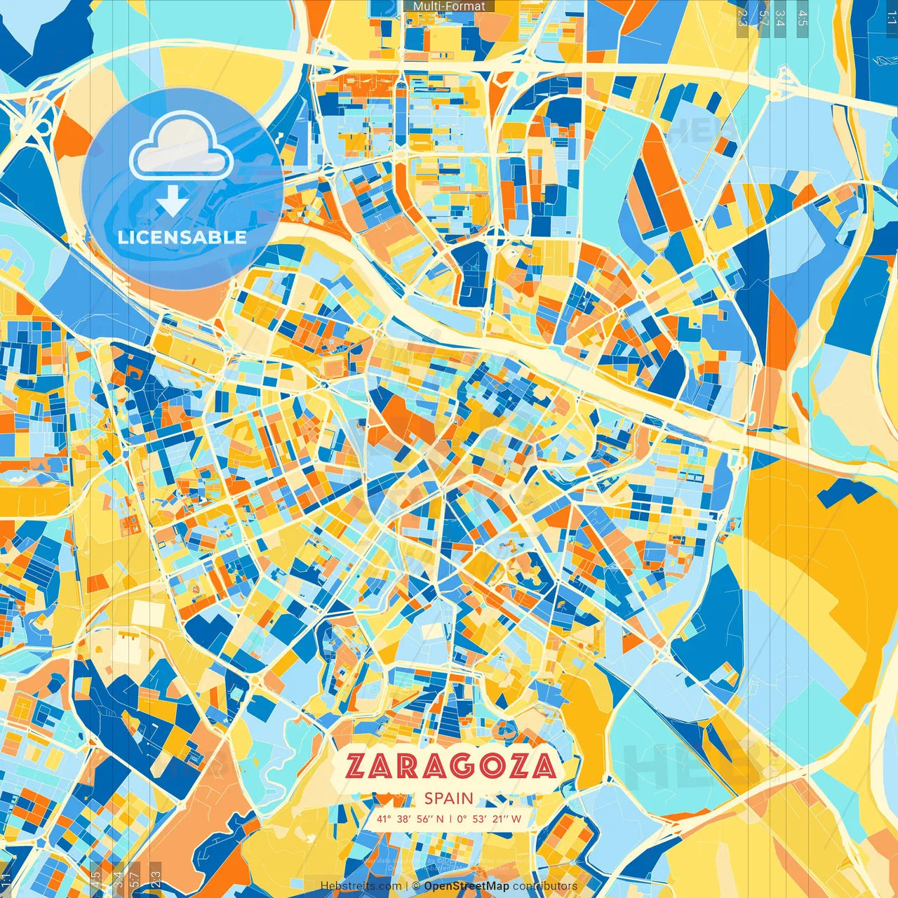Zaragoza, Spain blue and orange vector art map template