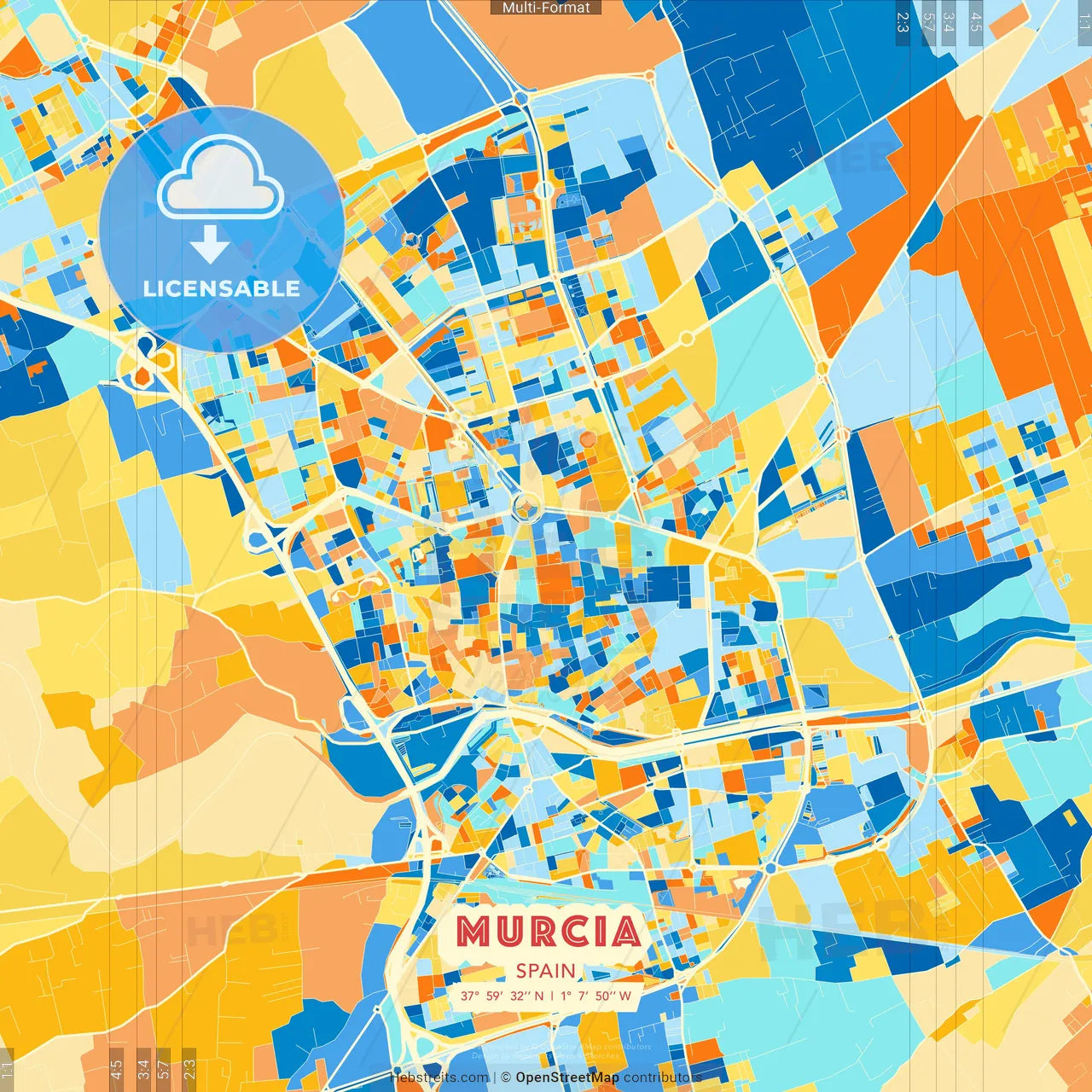 Murcia, Spain blue and orange vector art map template