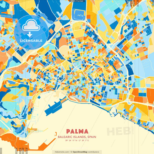 Palma, Balearic Islands, Spain blue and orange vector art map template