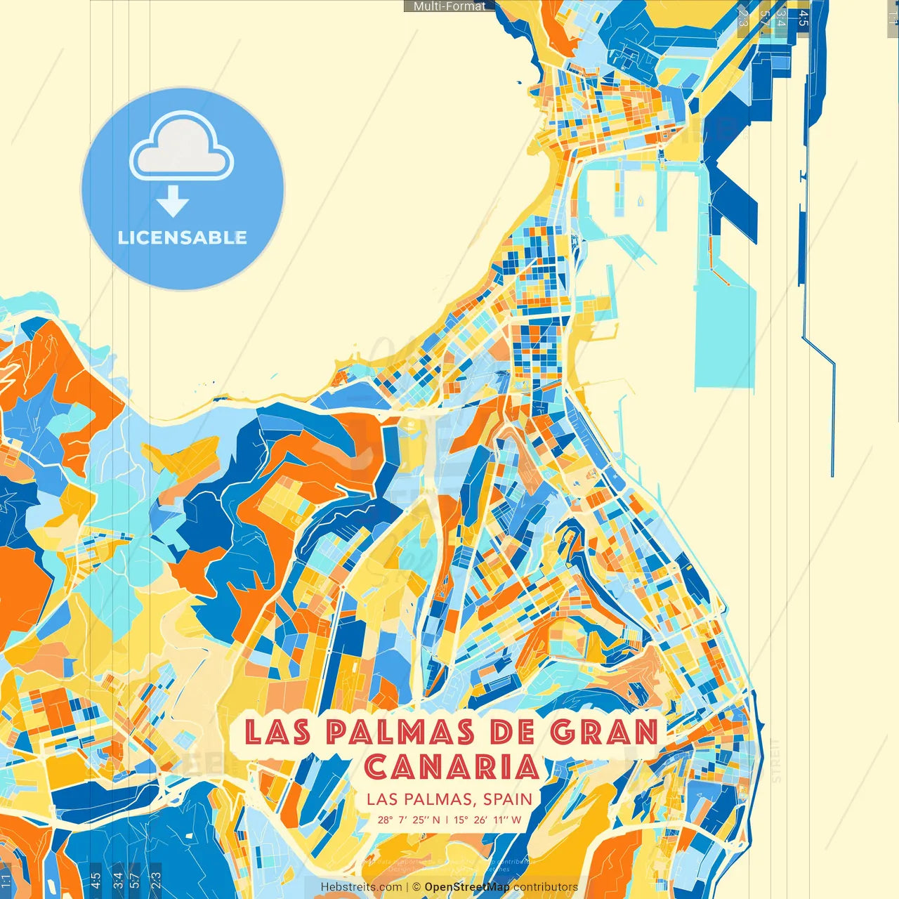 Las Palmas de Gran Canaria, Las Palmas, Spain blue and orange vector art map template