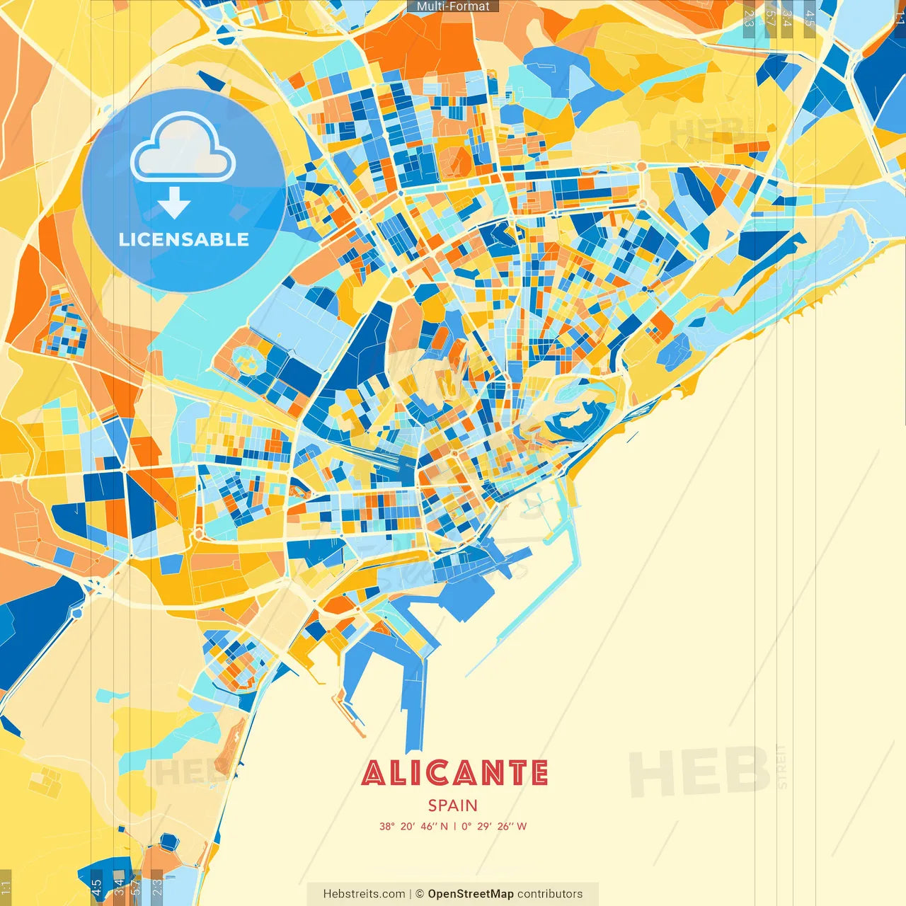 Alicante, Spain blue and orange vector art map template