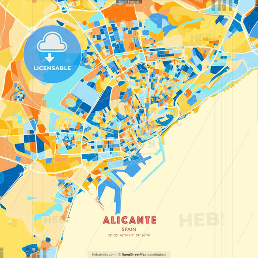 Alicante, Spain blue and orange vector art map template