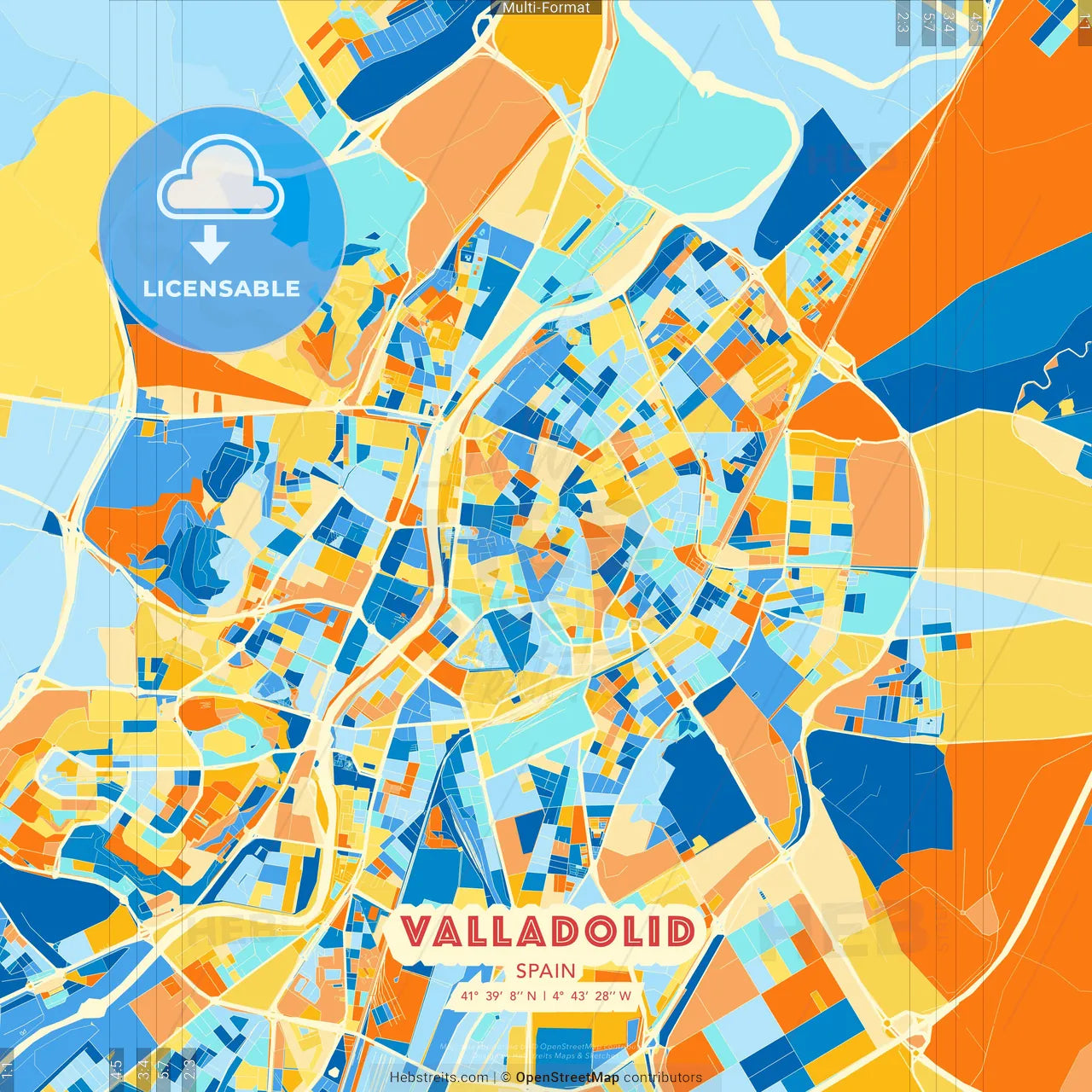 Valladolid, Spain blue and orange vector art map template