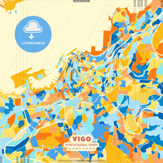 Vigo, Pontevedra, Spain blue and orange vector art map template