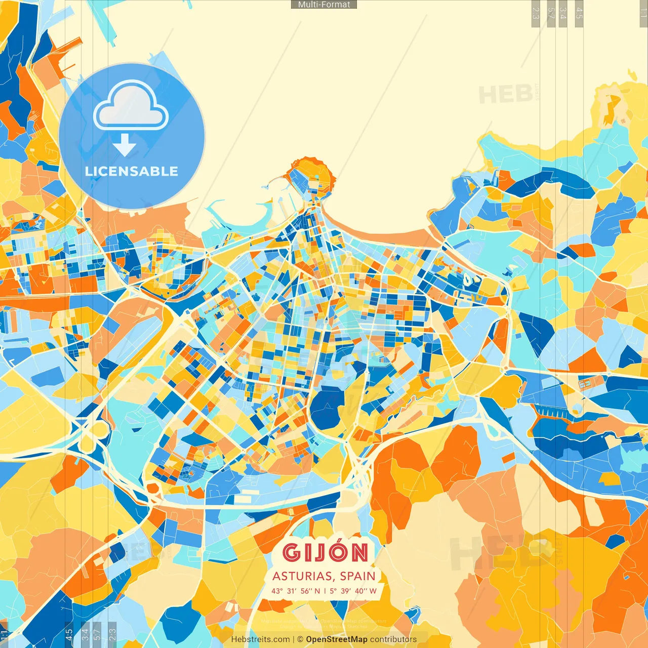 Gijón, Asturias, Spain blue and orange vector art map template