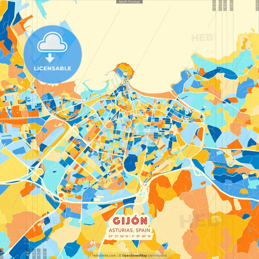 Gijón, Asturias, Spain blue and orange vector art map template
