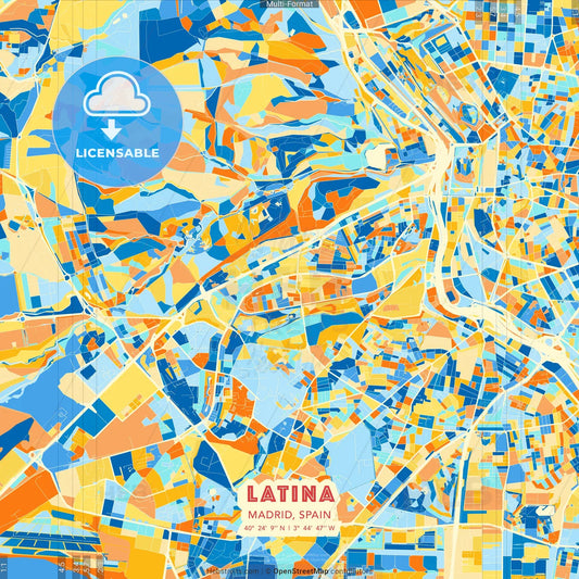 Latina, Madrid, Spain blue and orange vector art map template