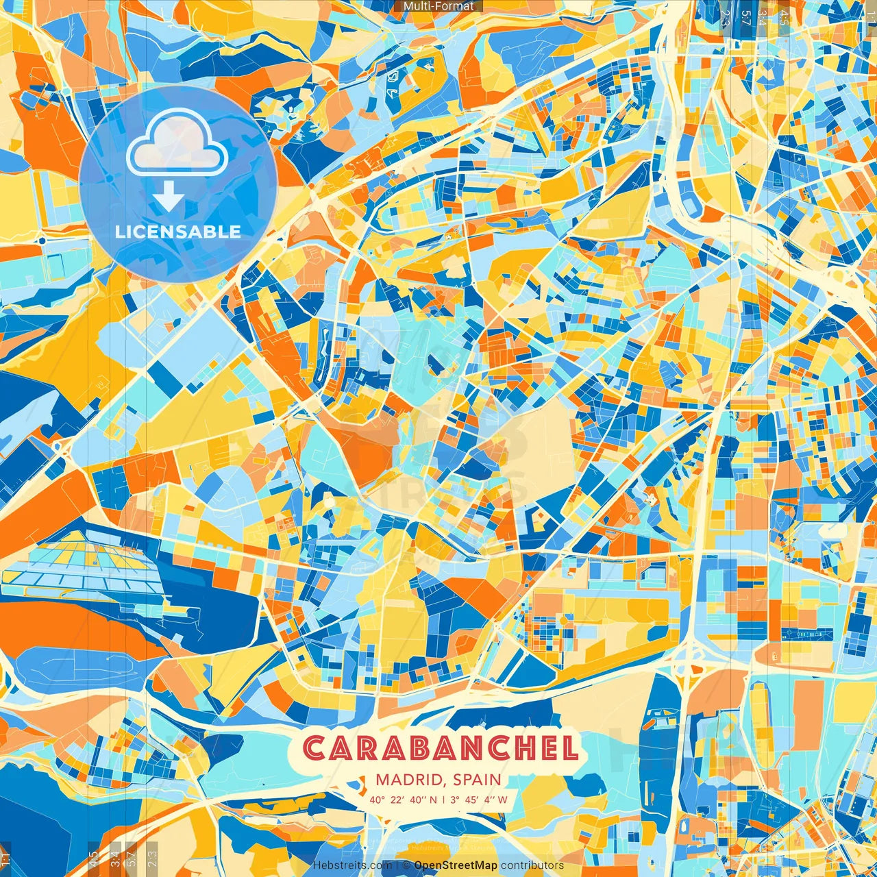 Carabanchel, Madrid, Spain blue and orange vector art map template